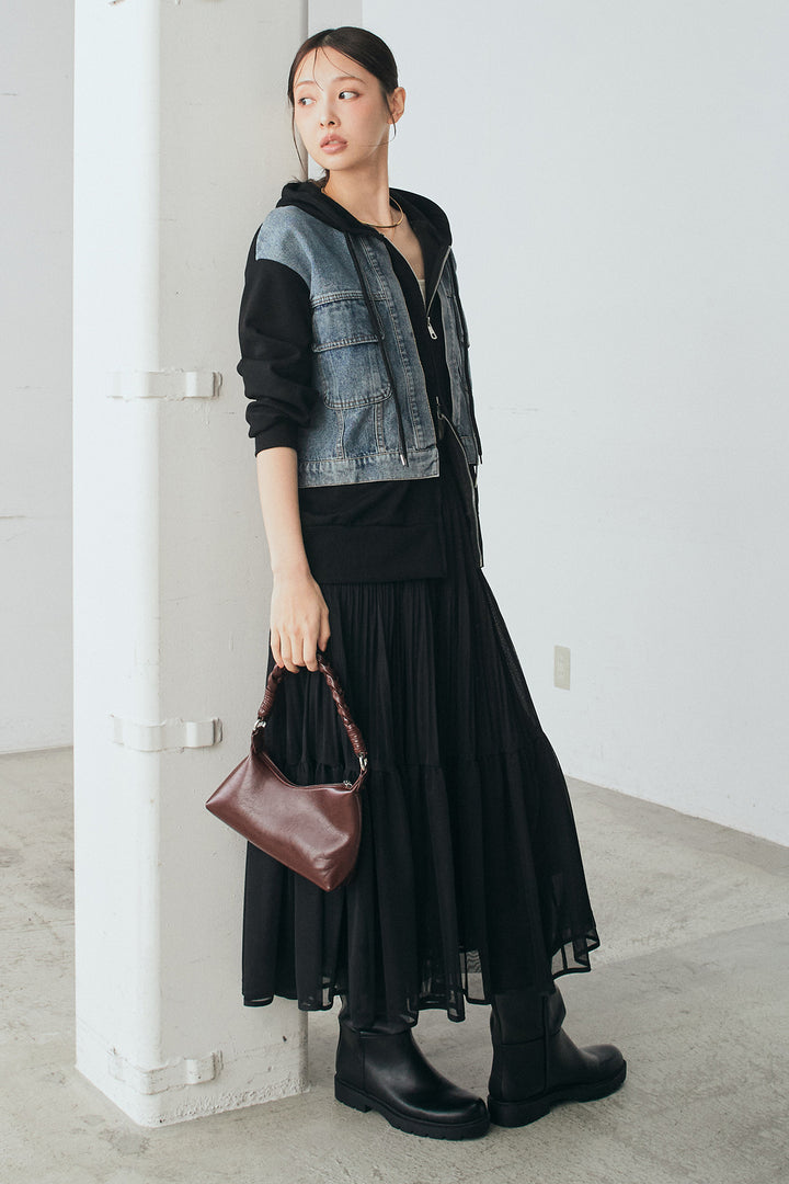 [SET]デニム切替ポンチダブルジップパーカー+ボリュームシルエットチュールスカート(2set)