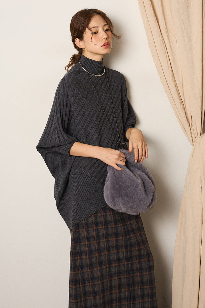 [SET]アシメデザインリブポンチョニットトップス+シャギーチェックストレートスカート(2set)