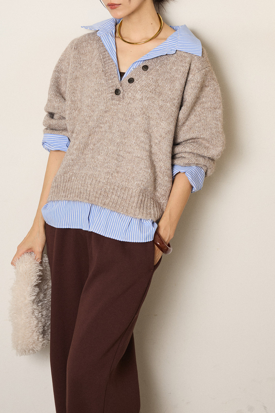 [SET]ストライプシャツドッキングニットポロトップス+裏起毛スウェットワイドパンツ(2set)