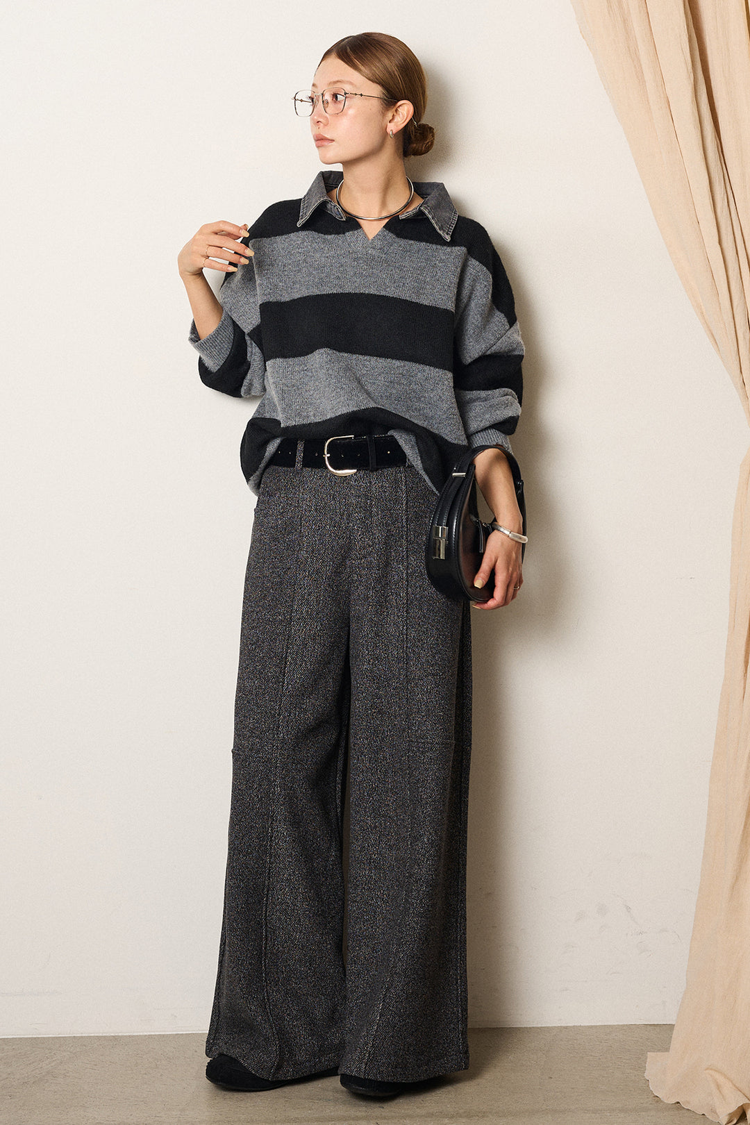 [SET]デニムカラーボーダールーズニット+太ベルト付きツイードワイドパンツ(2set)