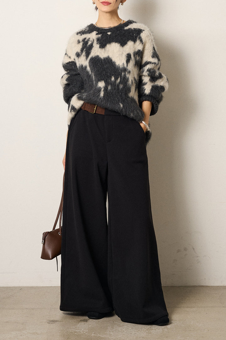 [SET]モヘアタッチマーブルニット+サイドベルトパンツ(2set)