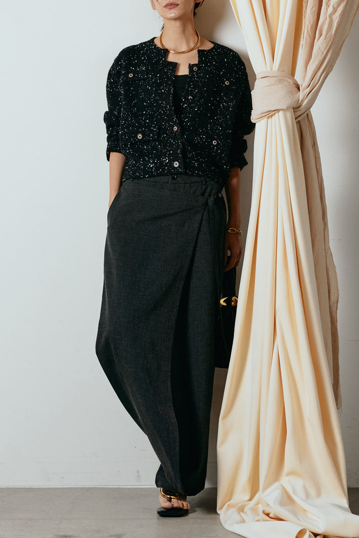 [SET]ネップニットカーディガン+ラップ巻きワイドスラックス(2set)