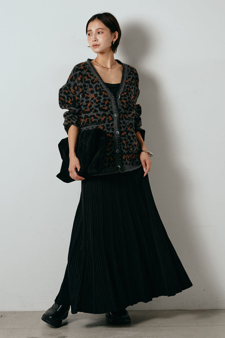 [SET]ステッチデザインレオパードニットカーディガン+リブニットフレアスカート(2set)