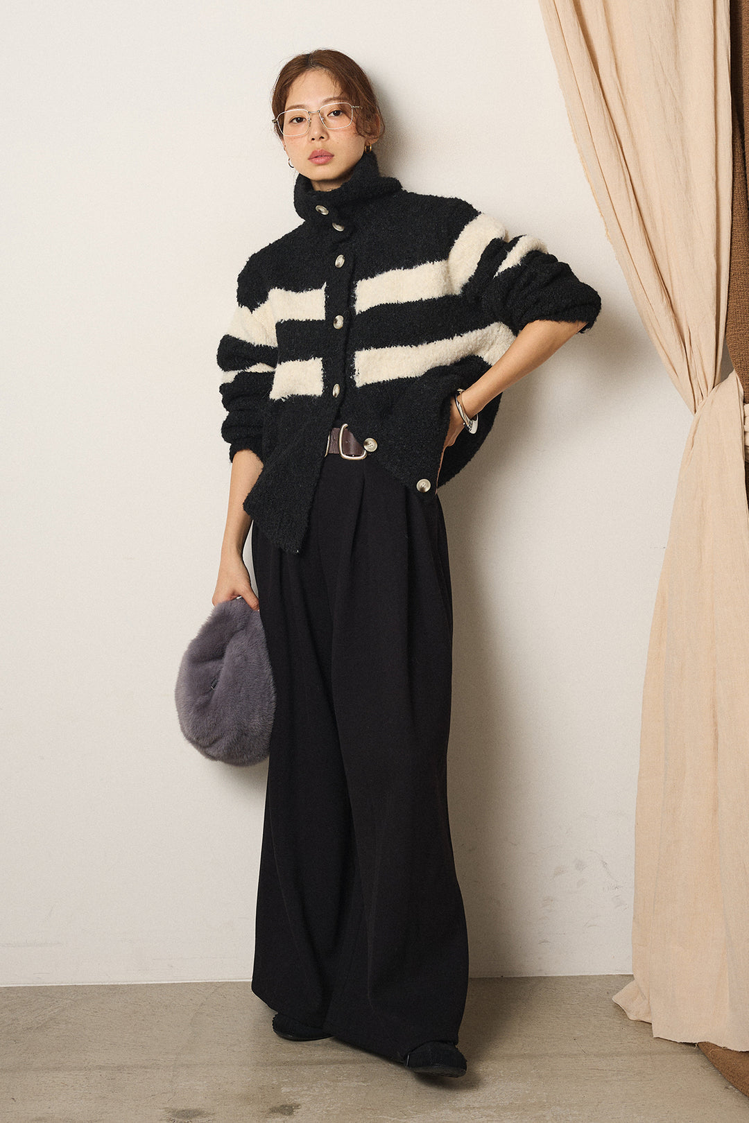 [SET]ハイネックボーダーニットカーディガン+フェイクレザー太ベルト付きタックワイドパンツ(2set)