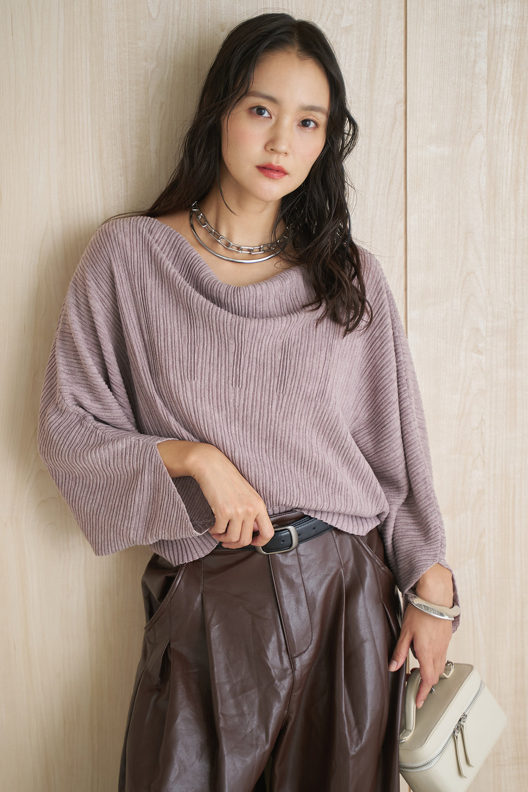 [SET]ドルマンスリーブクロップドリブニット+レザーライクタックワイドパンツ(2set)
