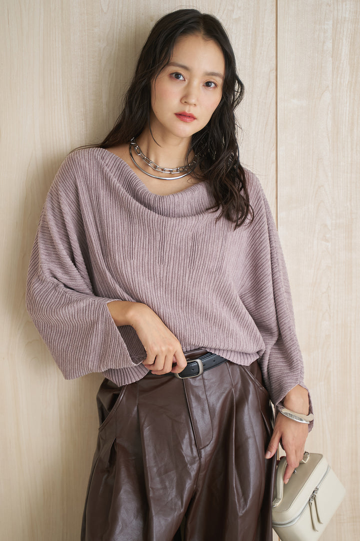 [SET]ドルマンスリーブクロップドリブニット+レザーライクタックワイドパンツ(2set)