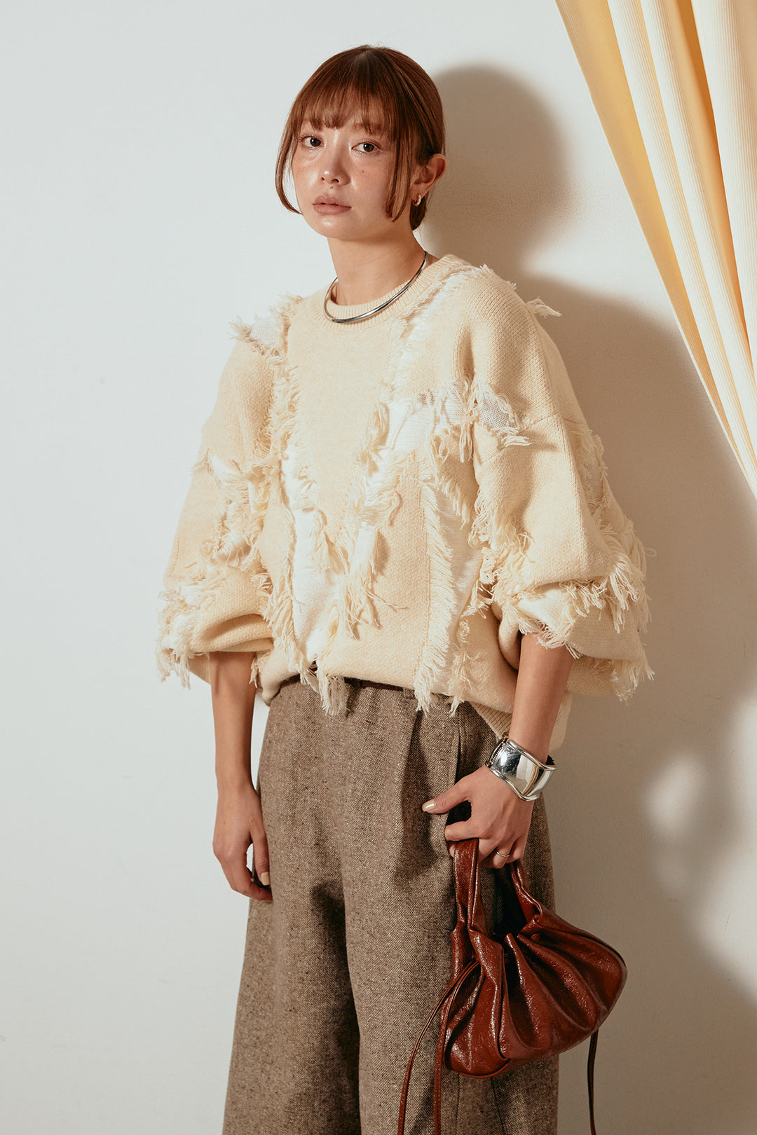 [SET]シャギージャガードニットトップス+ベルト付きネップツイードカーブパンツ(2set)