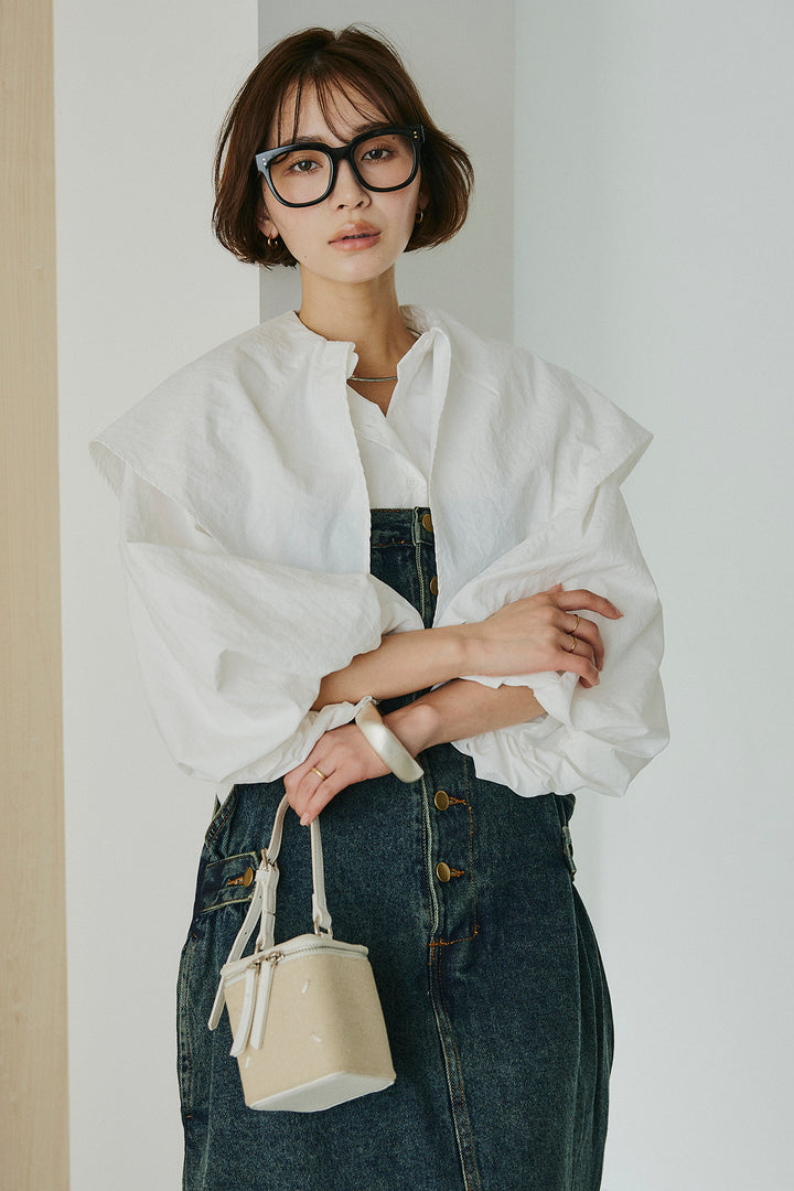 [SET]ケープカラーナイロンブラウス+配色ショルダーデニムサロペットスカート(2set)