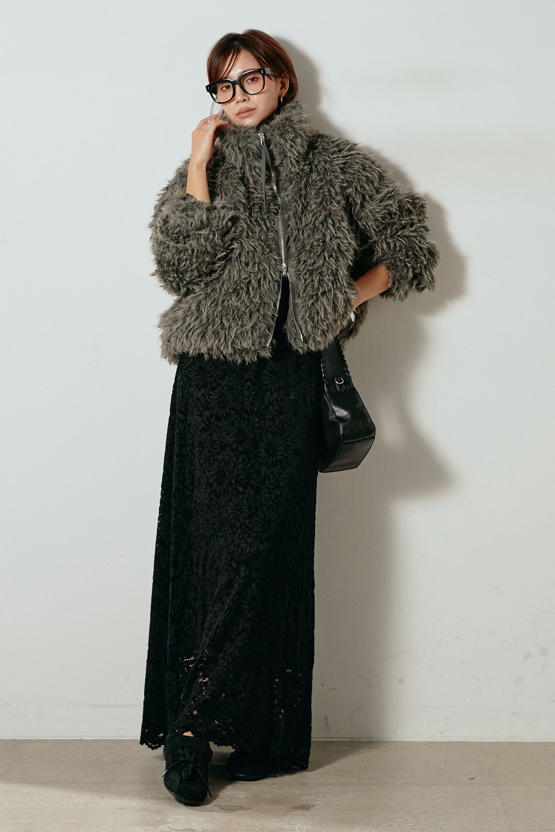 【着回しセット】[SET]ミックスシープファースタンドブルゾン+花柄刺繍ベロアフレアスカート+フェイクウールタックトラウザーズパンツ(3set)