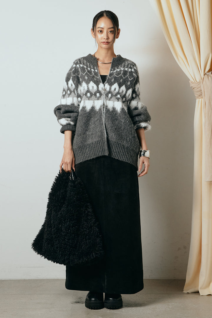 [SET]起毛ダブルジップパターンニットカーディガン+エコスウェードワイドスカート(2set)