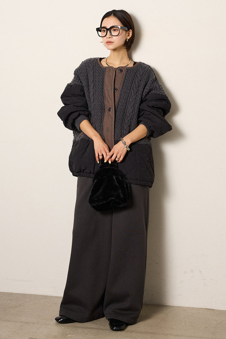 [SET]アラン編みニットノーカラー裾キルティングブルゾン+裏起毛スウェットワイドパンツ(2set)