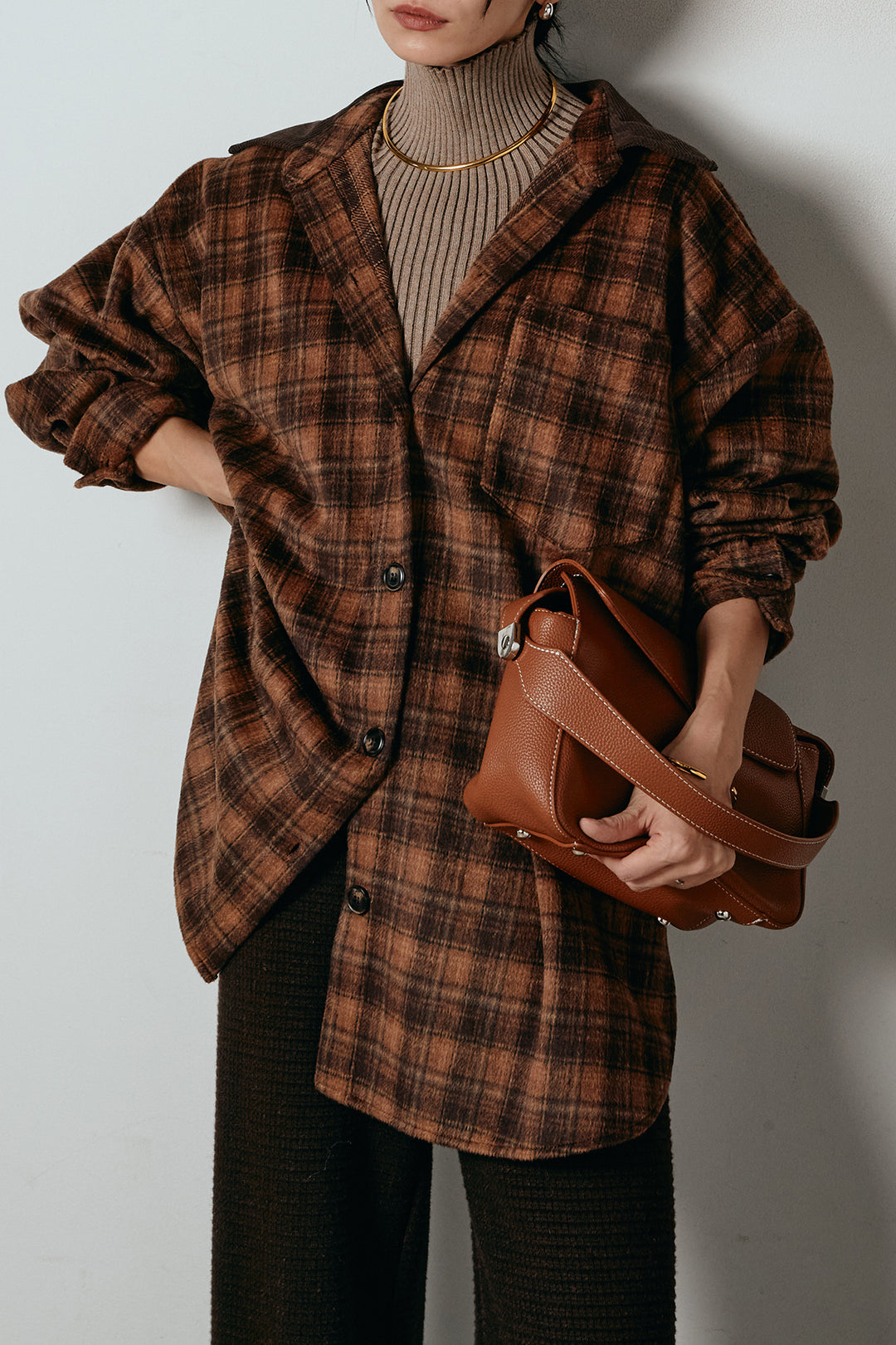 [SET]シャギーチェックシャツジャケット+ワイドリブニットイージーパンツ+リブニットシームレスタートルプルオーバー(3set)