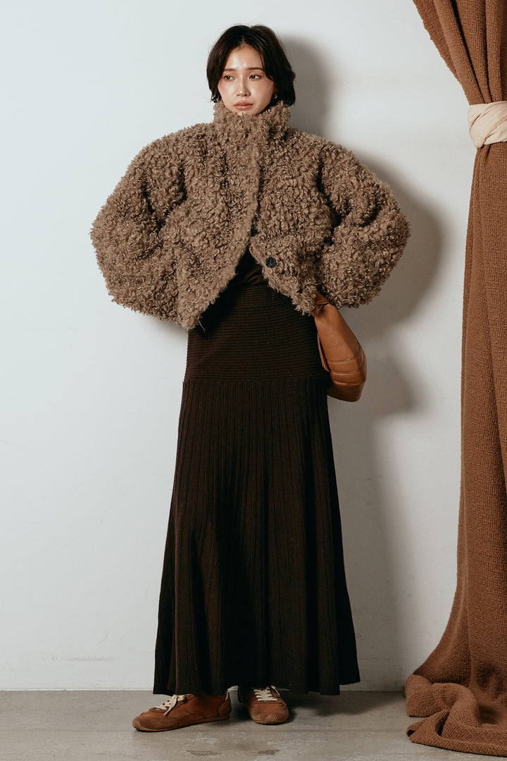 [SET]プードルファーミドルジャケット+編み地切り替えフレアニットスカート(2set)