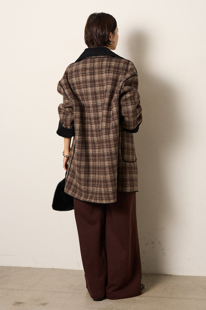 [SET]裏地ボアタータンチェック柄ミディアムコート+裏起毛スウェットワイドパンツ(2set)