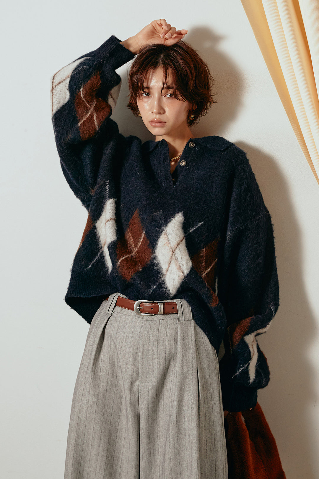 [SET]アーガイル柄ポロニットトップス+ストライプヘリンボーンパンツ(2set)