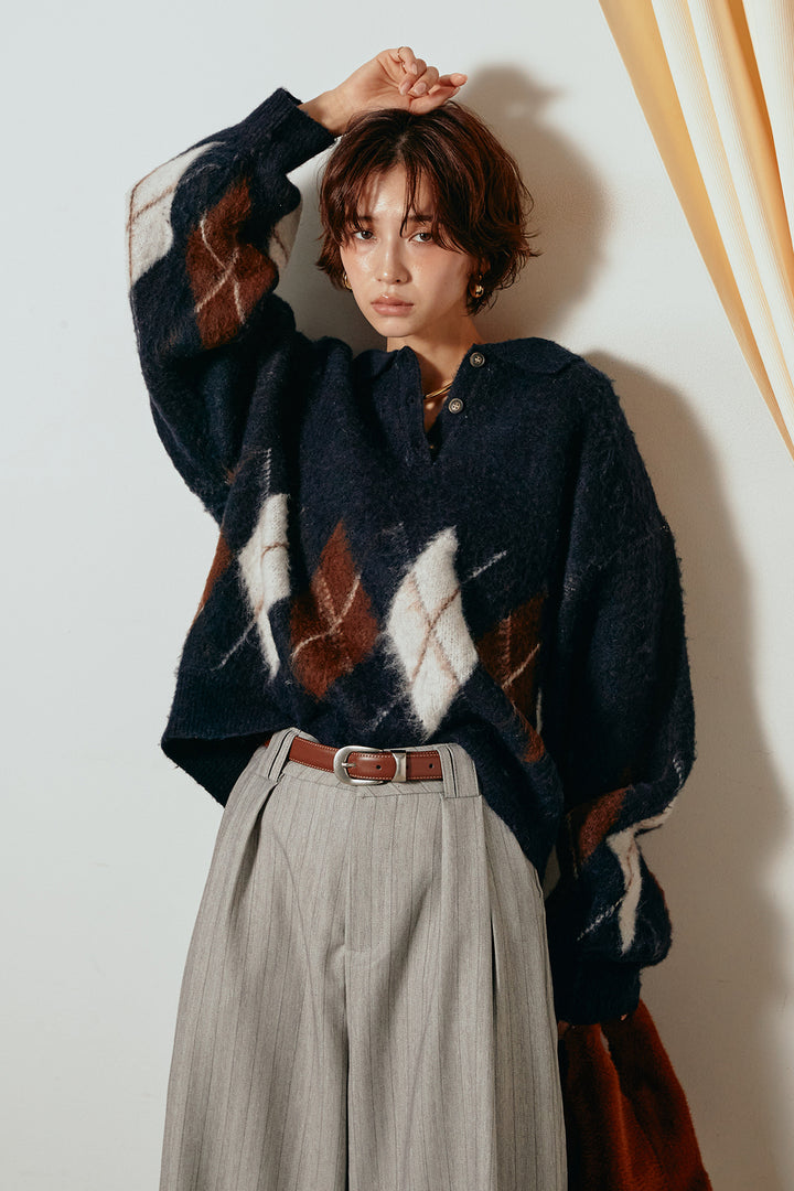 [SET]アーガイル柄ポロニットトップス+ストライプヘリンボーンパンツ(2set)