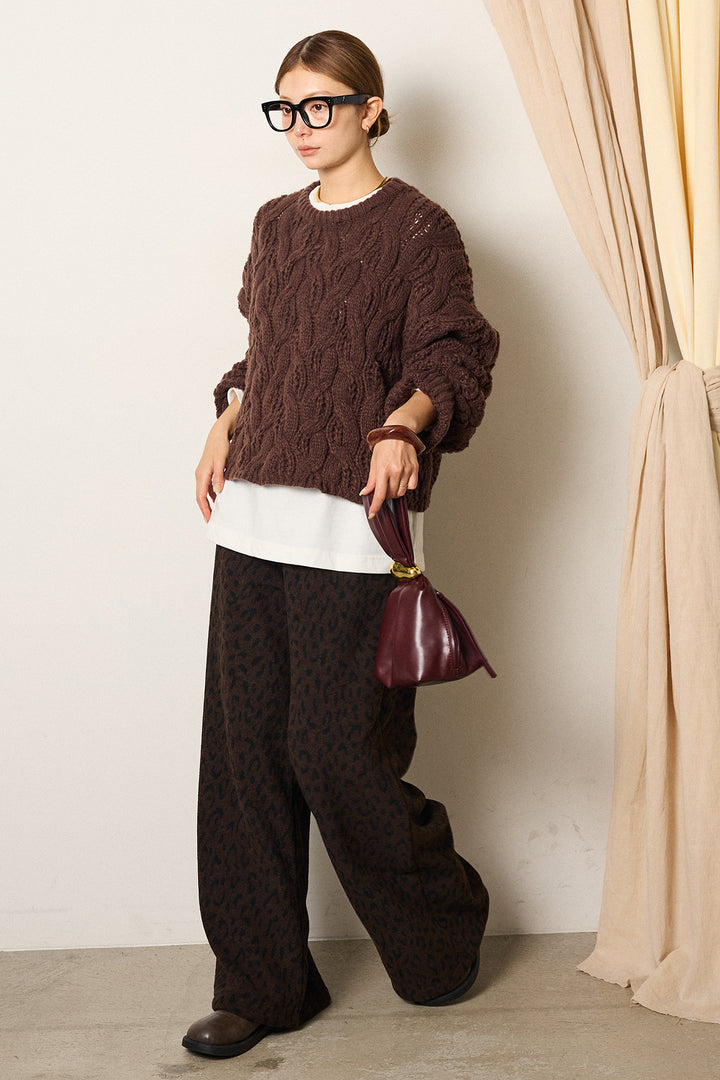 [SET]ケーブルリラックスショートニット+箔プリントBIGシルエットロングスリーブTシャツ+レオパードジャガードニットパンツ(3set)