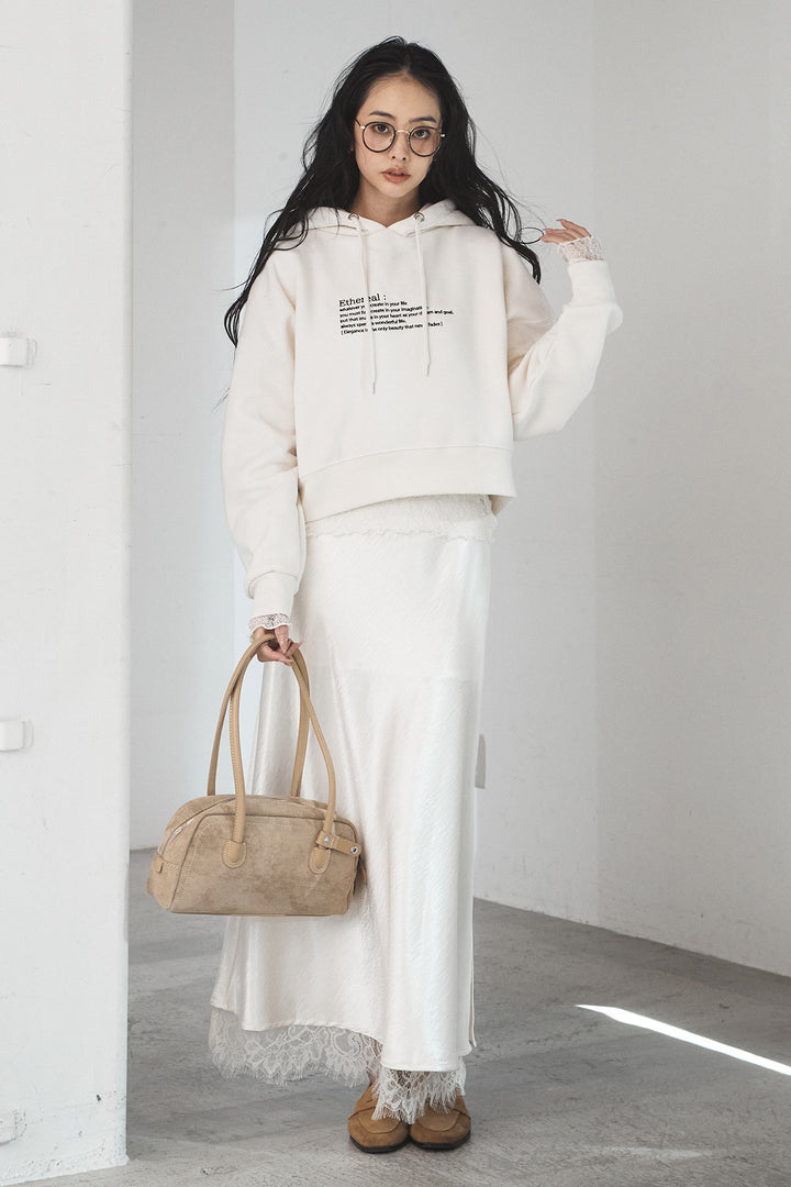 [SET]裏起毛レタリング刺繍フーディショートプルオーバー+ストレッチレースクルーネックインナー+裾レースデザインサテンスカート(3set)