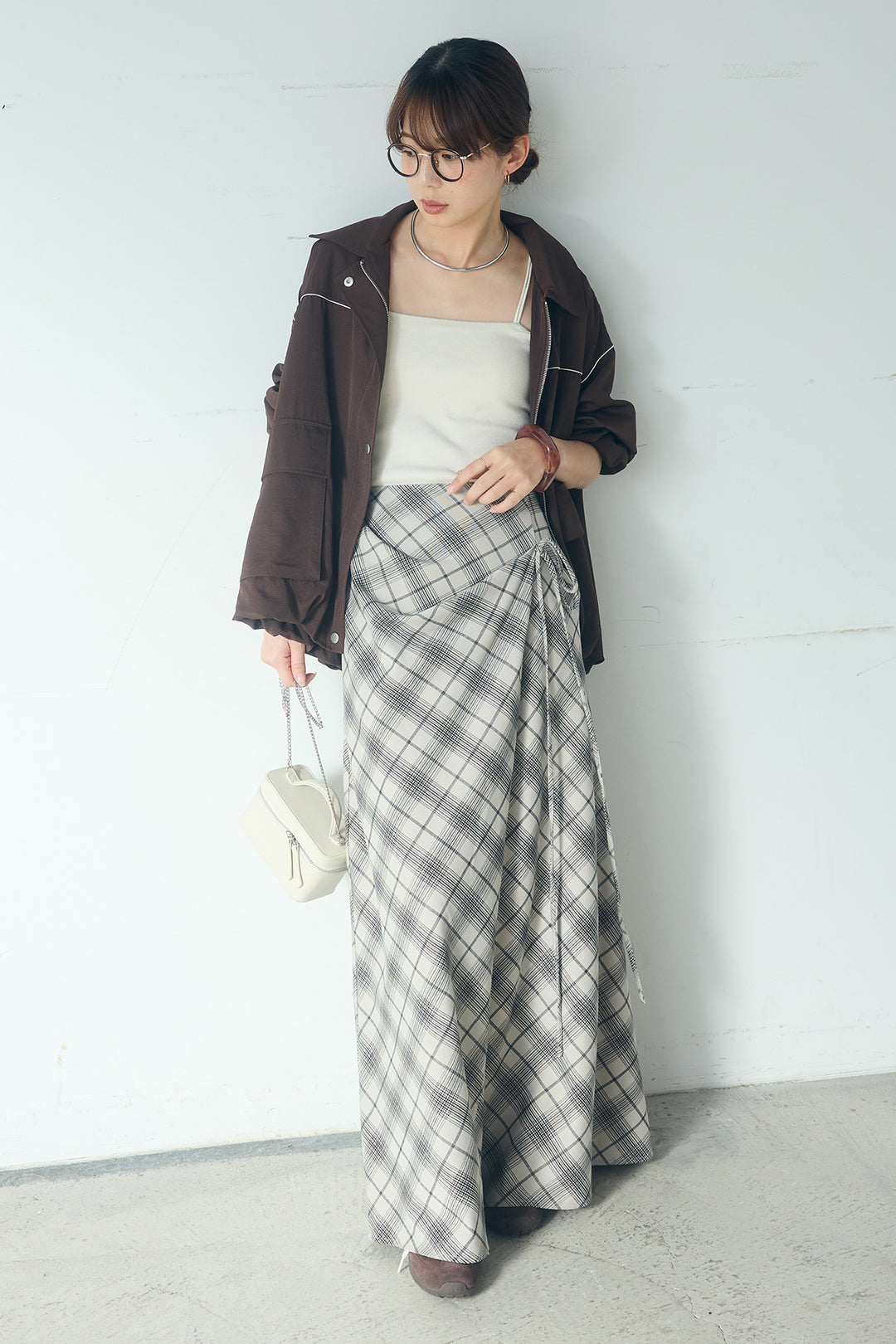 [SET]合繊ツイルバルーンジャケット+タータンチェック柄フロントデザインスカート(2set)