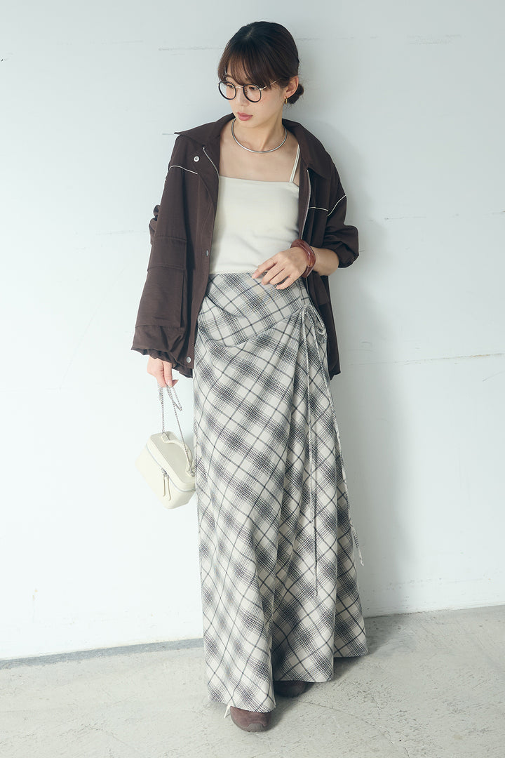 [SET]合繊ツイルバルーンジャケット+タータンチェック柄フロントデザインスカート(2set)