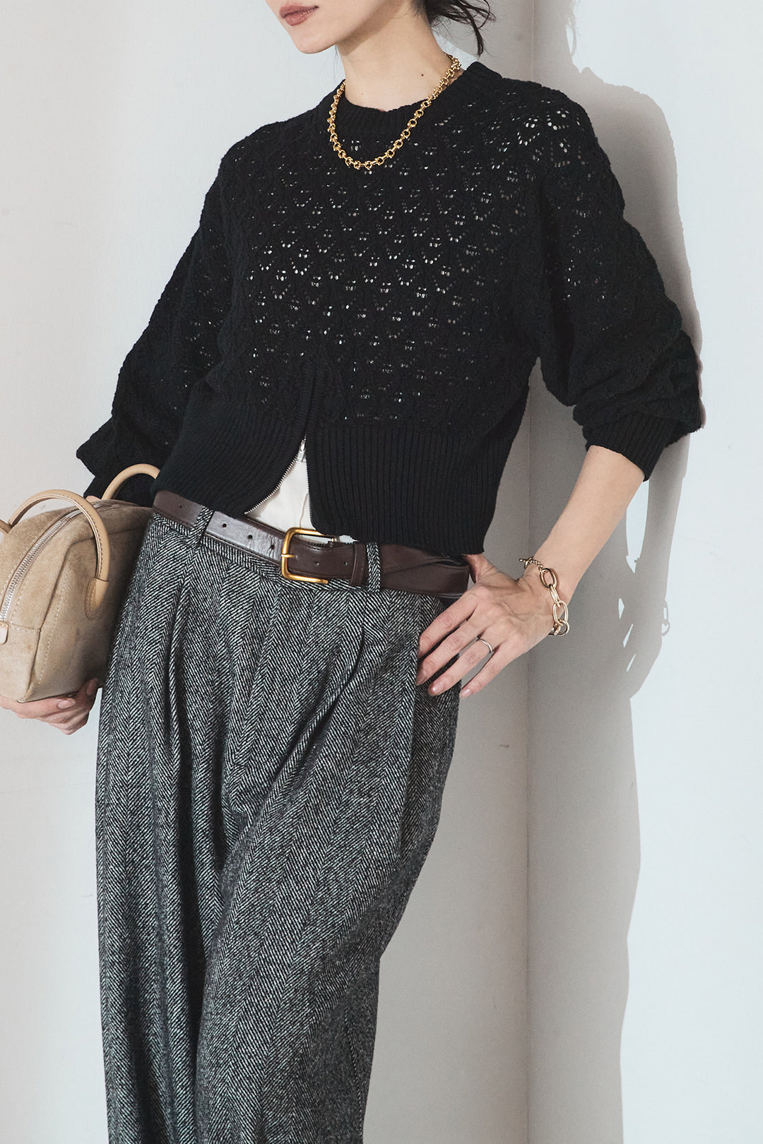[SET]透かし編みニットジップスリットプルオーバー+タックツイードワイドパンツ(2set)