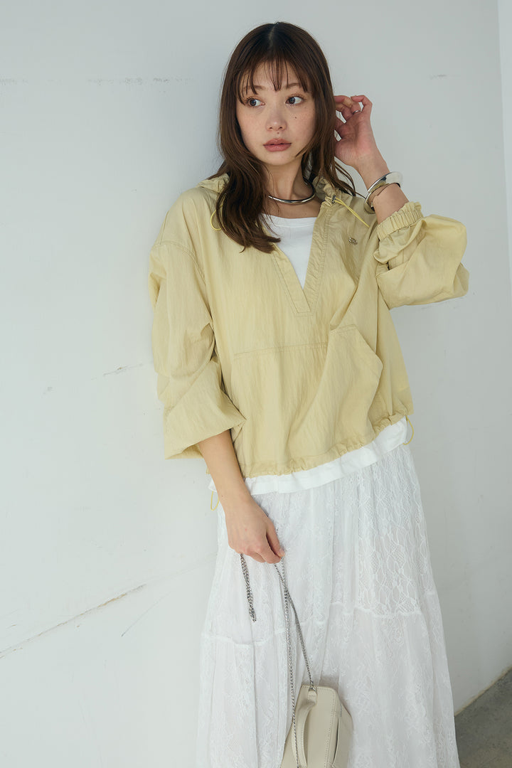 [SET]レイヤードデザインフーディートップス+ひげレース切替ロング丈スカート(2set)