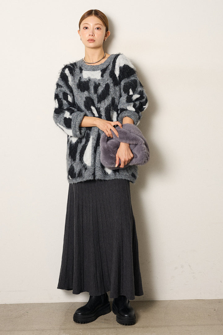 [SET]ルーズアニマルモヘアニットトップス+編み地切り替えフレアニットスカート(2set)