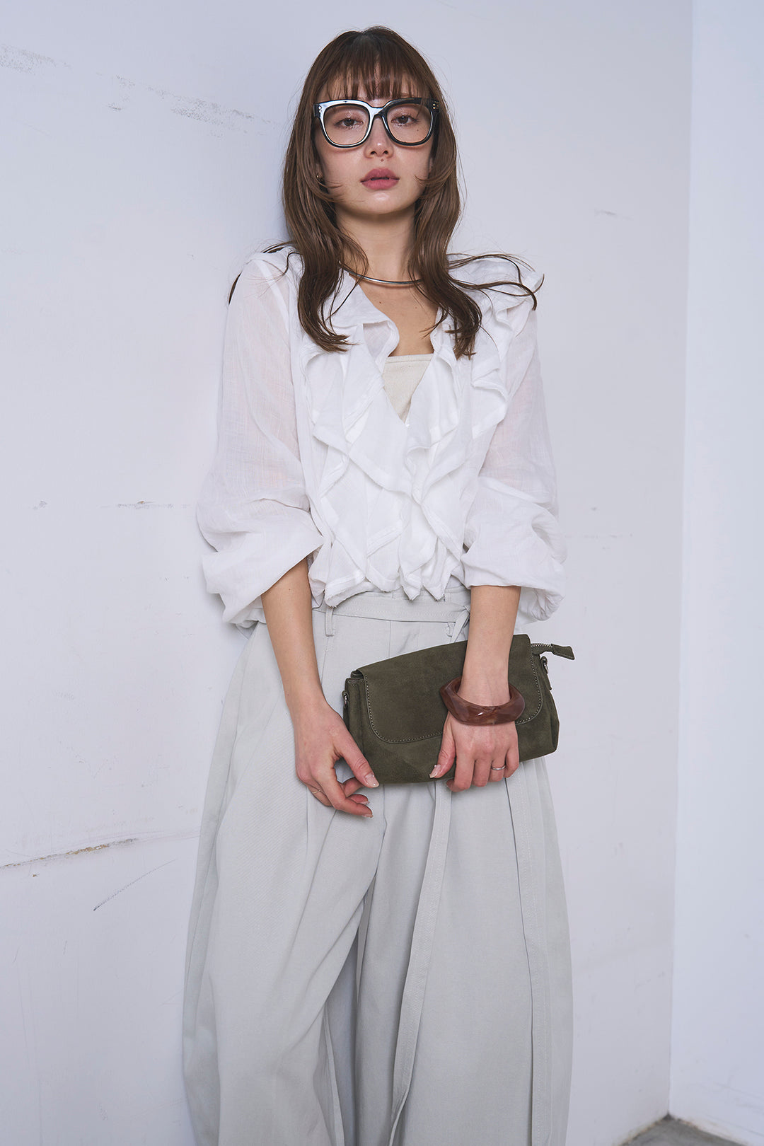 [SET]フリルボタンブラウス+紐ベルト付きカーブワイドパンツ(2set)