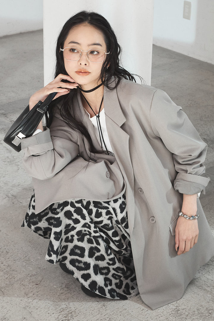 [SET]ルーズシルエットダブルテーラードジャケット+ストレッチロングTシャツ+レオパードサテンナロースカート(3set)