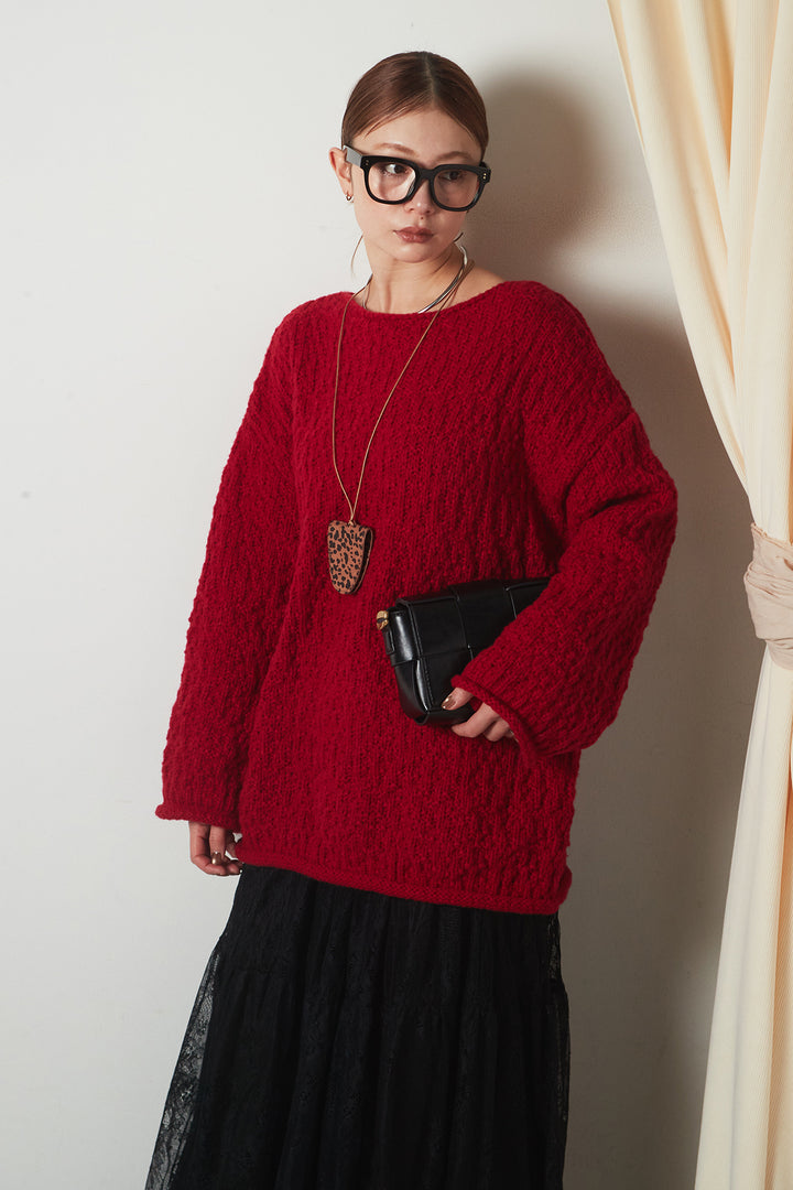 [SET]ボリューム編みニットプルオーバー+ひげレース切替ロング丈スカート(2set)