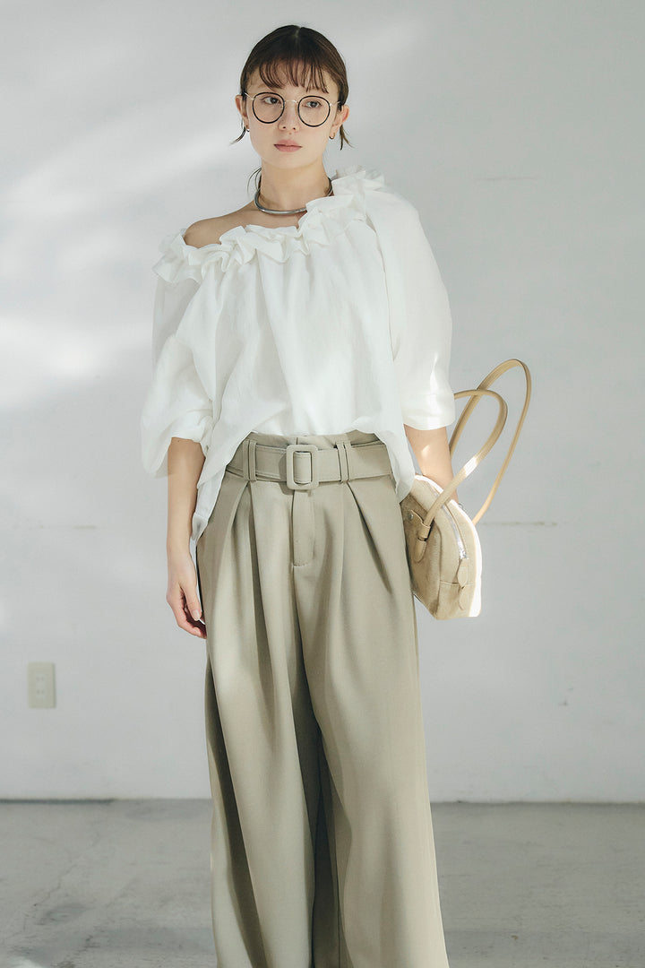 [SET]ネックフリルデザインブラウス+ベルト付きツータックワイドパンツ(2set)
