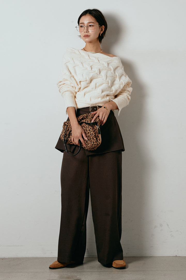 [SET]ボートネックニットトップス+ベルト付きウエストデザインパンツ(2set)