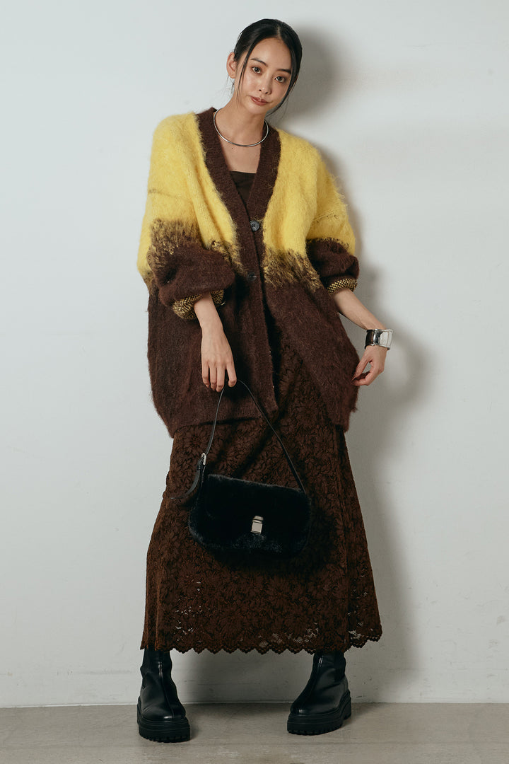 [SET]起毛グラデーションニットカーディガン+花柄刺繍ベロアフレアスカート(2set)