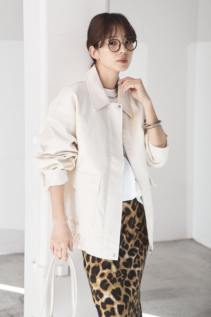 [SET]レザーライクオーバーサイズブルゾン+レオパードサテンナロースカート(2set)