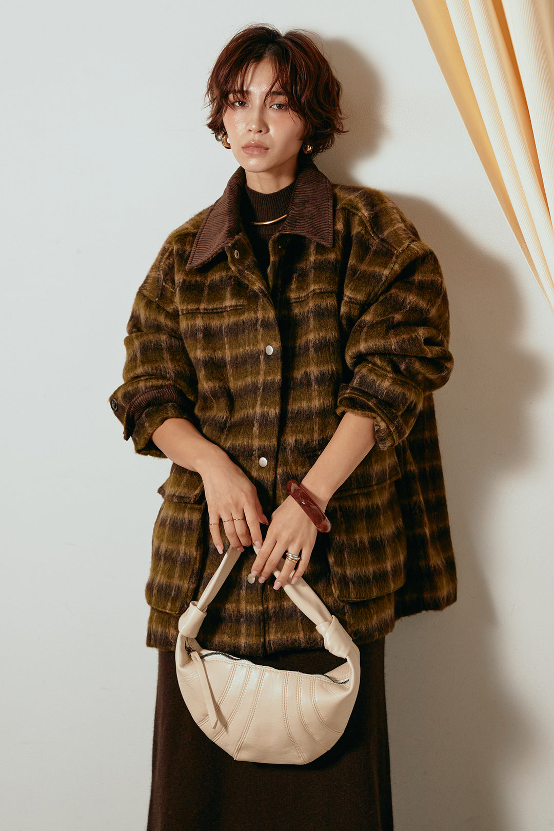 [SET]チェックシャギーミドルカバーオール+ノースリーブニットロングワンピース(2set)