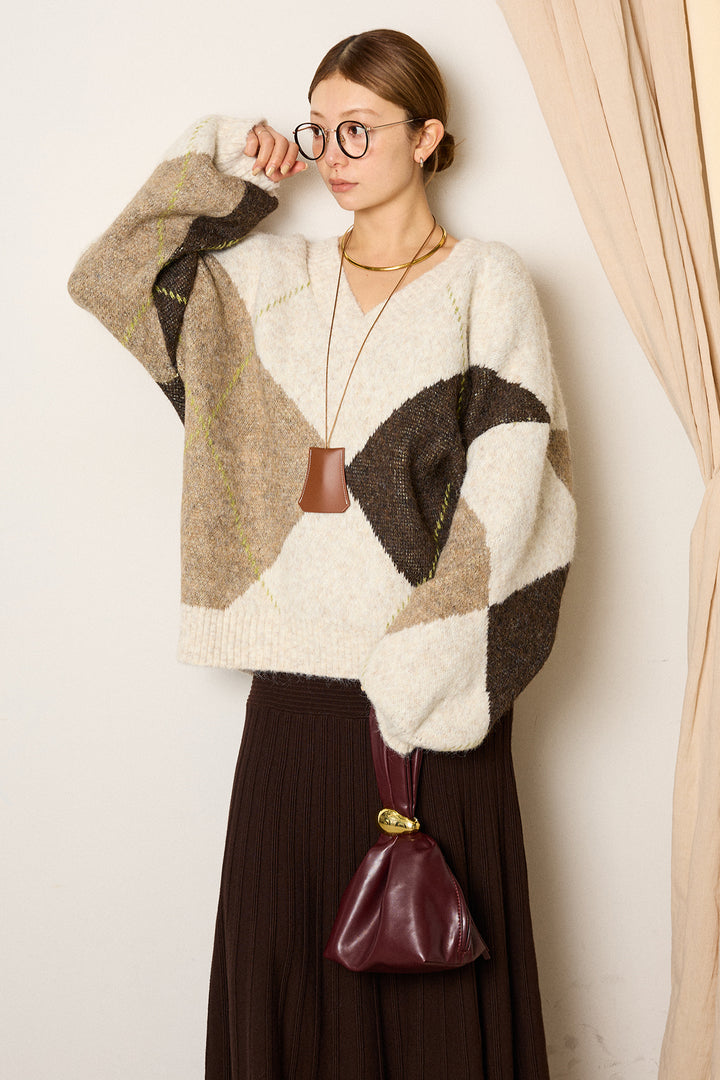 【着回しセット】[SET]ルーズアーガイルVネックニット+ルーズアーガイルVネックニット(2set)