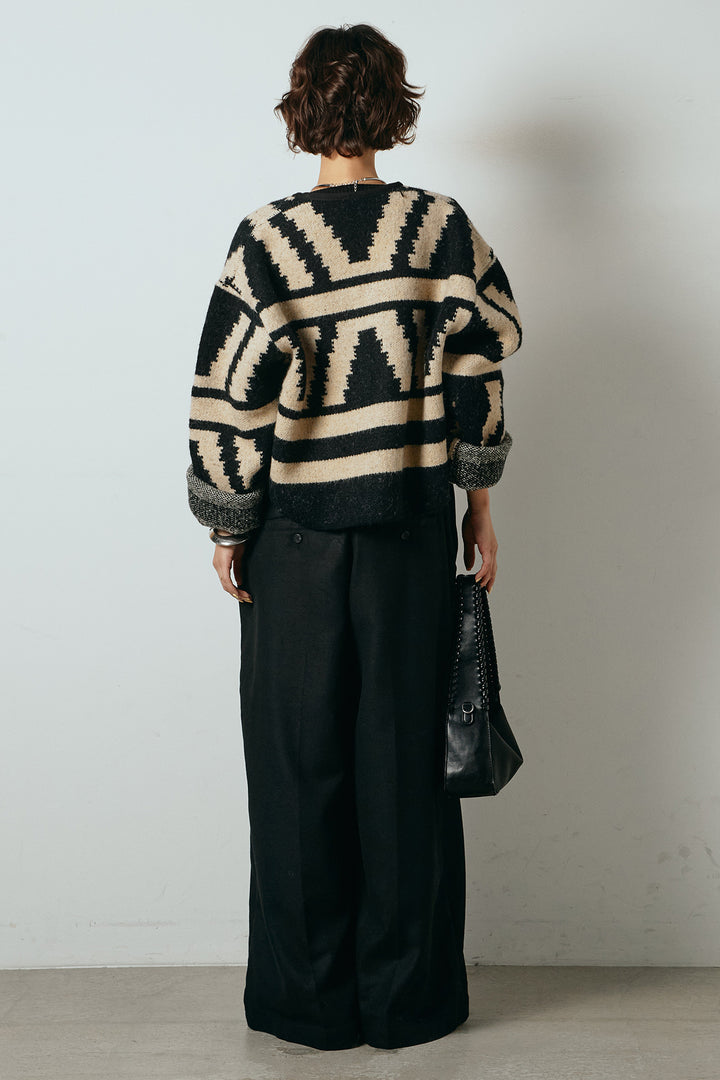 [SET]ノーカラー幾何学模様アウター+ウール混フランネルワイドサロペット(2set)