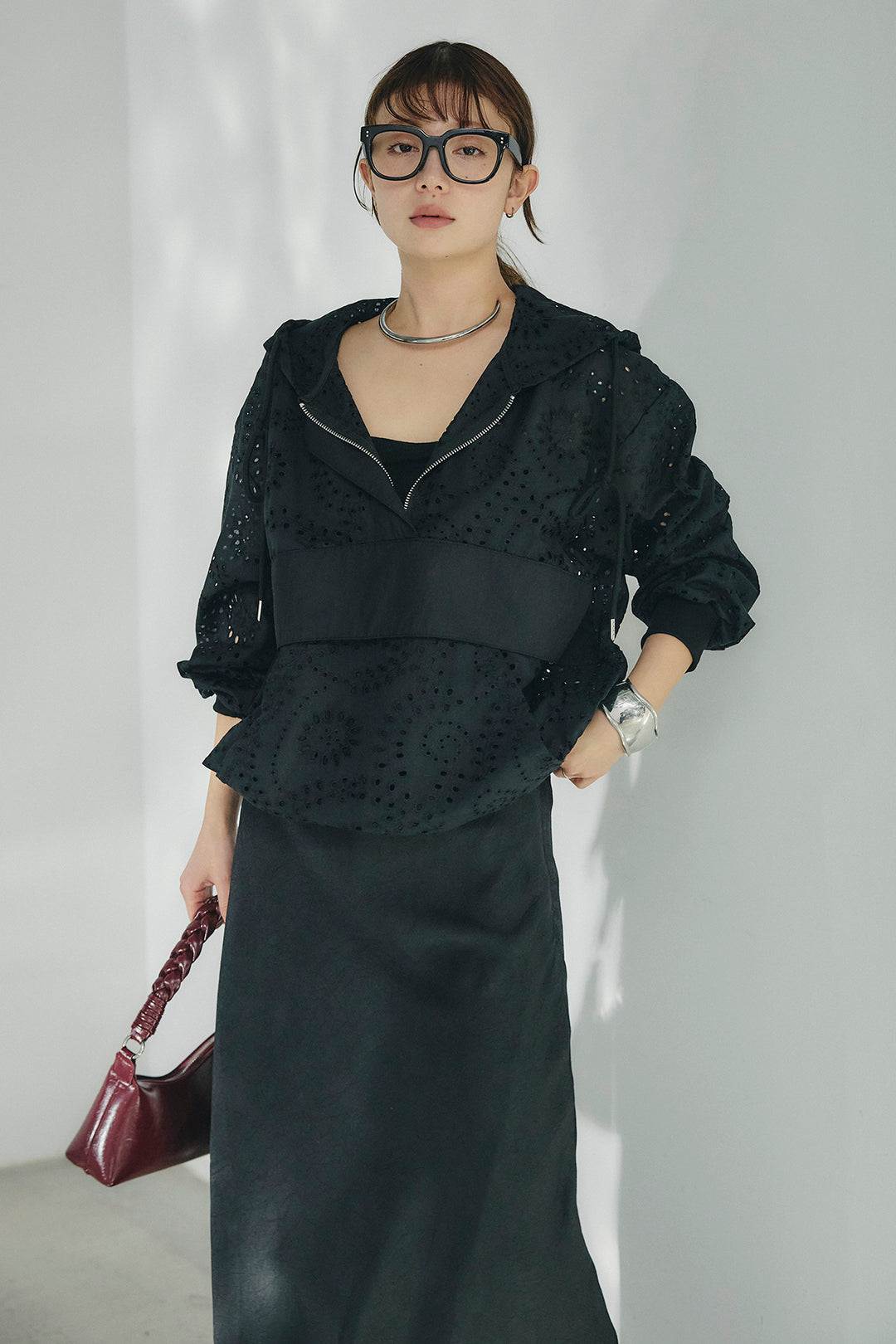 [SET]レースハーフジップアップフーディー+バイアスナローサテンスカート(2set)