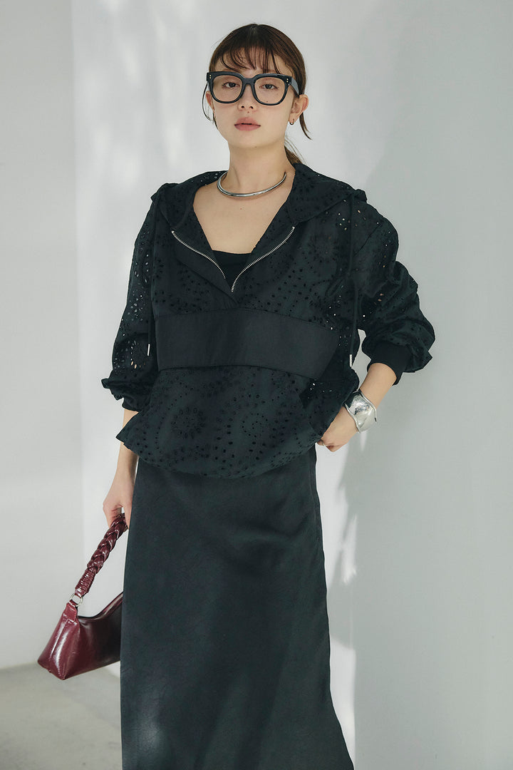 [SET]レースハーフジップアップフーディー+バイアスナローサテンスカート(2set)