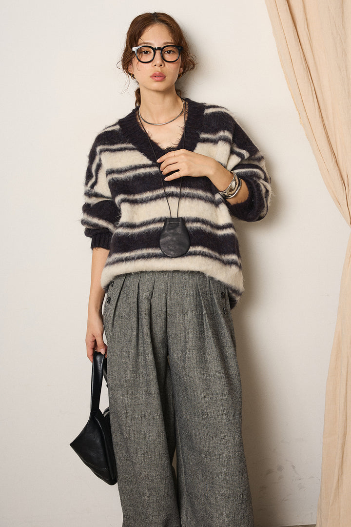 [SET]ルーズVネックボーダーニットトップス+サイドボタンツイードタックパンツ(2set)