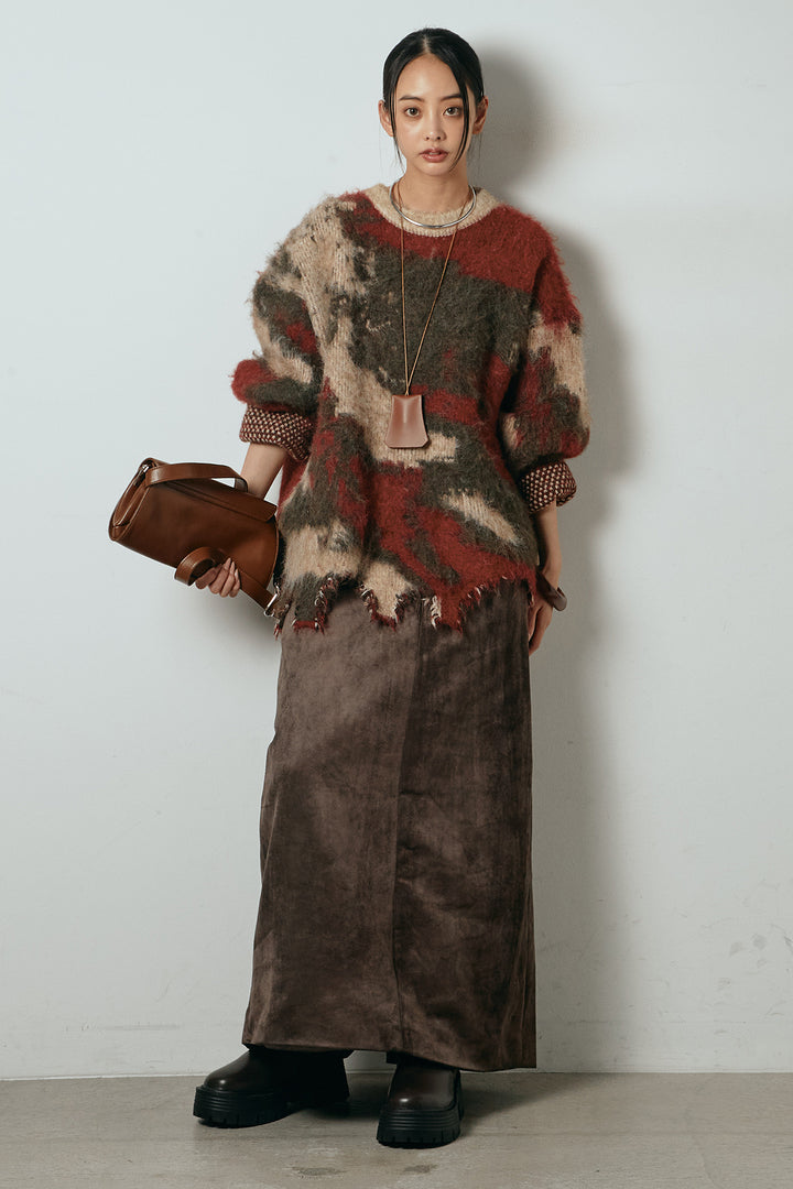 [SET]起毛裾デザインニュアンス柄ニットトップス+エコスウェードワイドスカート(2set)