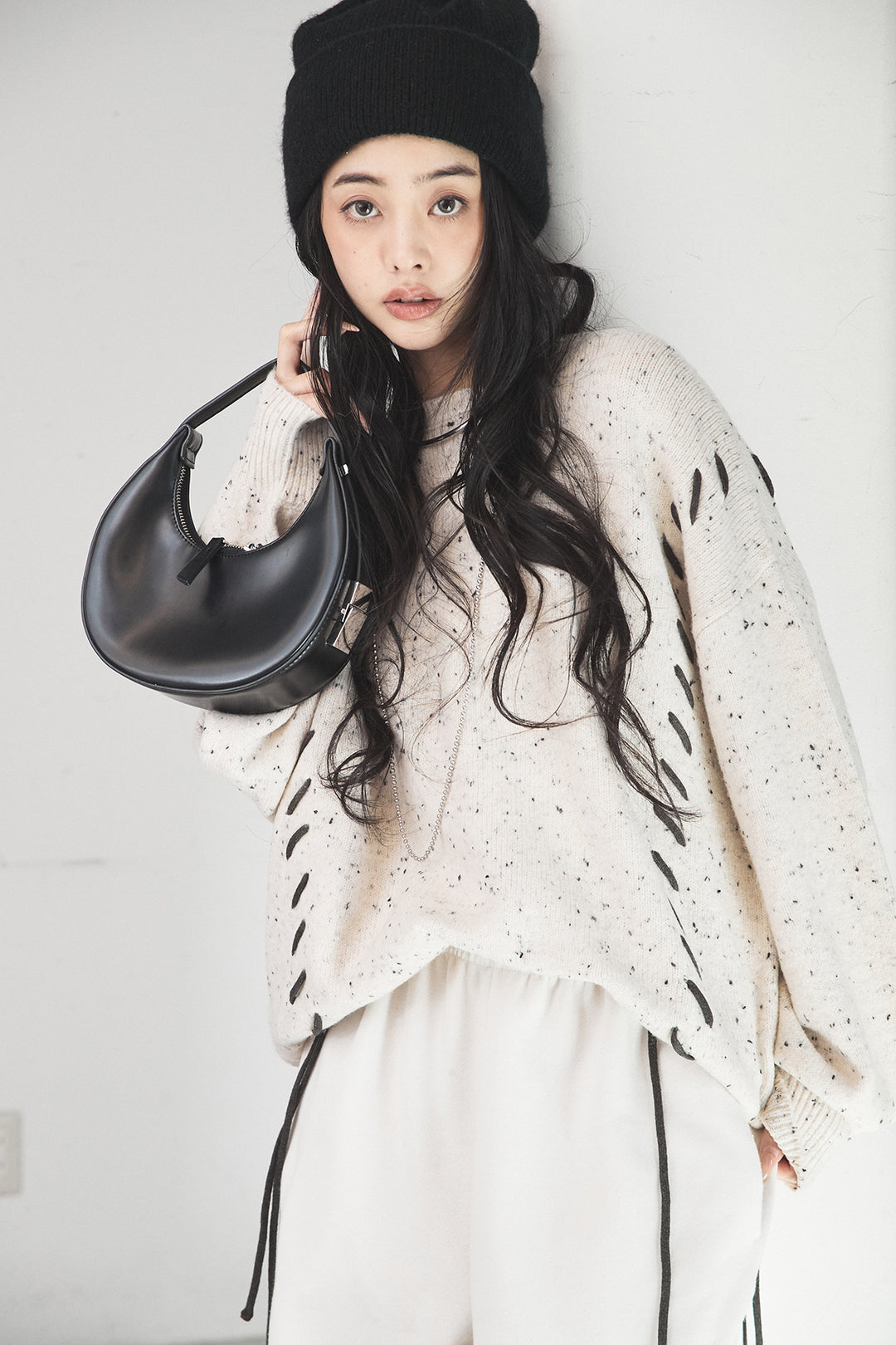 [SET]ネップ編み上げニットトップス+裏起毛スウェットワイドパンツ(2set)