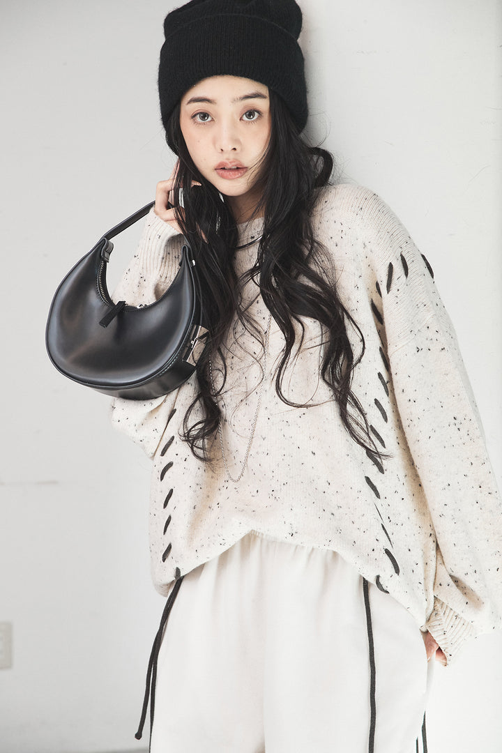 [SET]ネップ編み上げニットトップス+裏起毛スウェットワイドパンツ(2set)