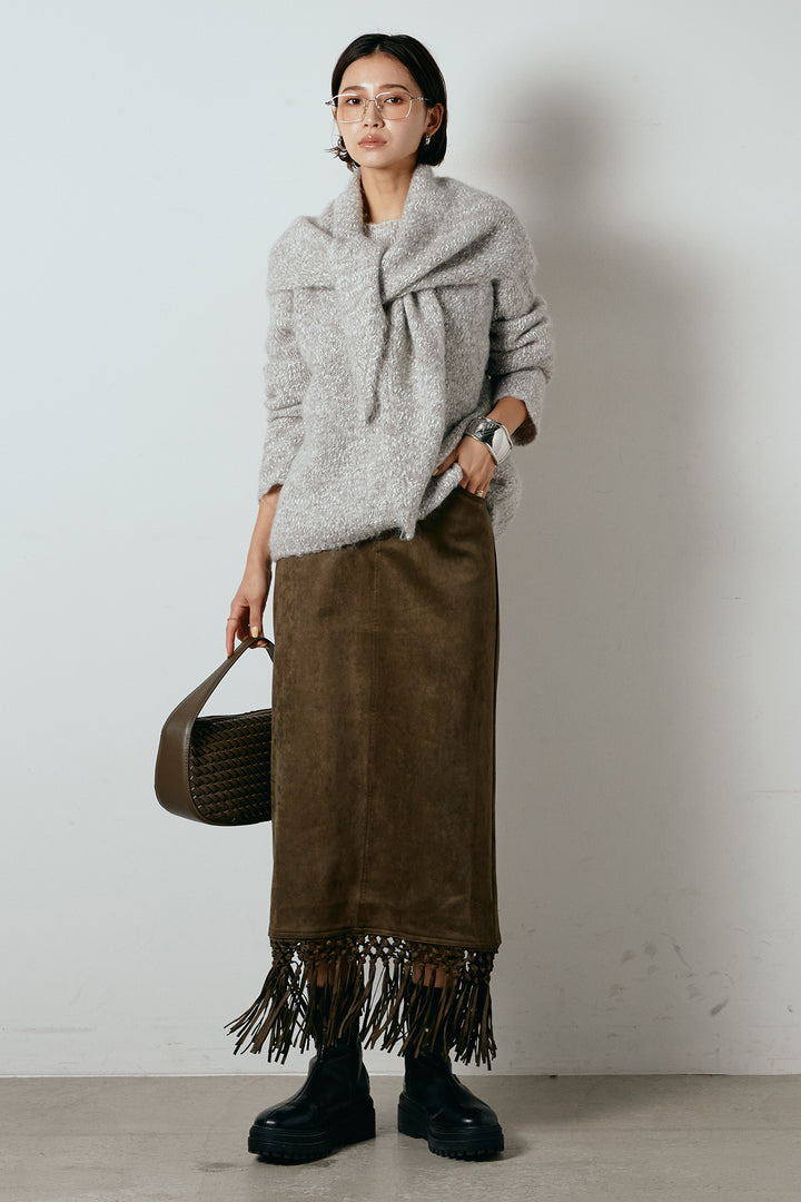 [SET]スカーフ付きミックスニットトップス+スウェードライク裾フリンジスカート(2set)