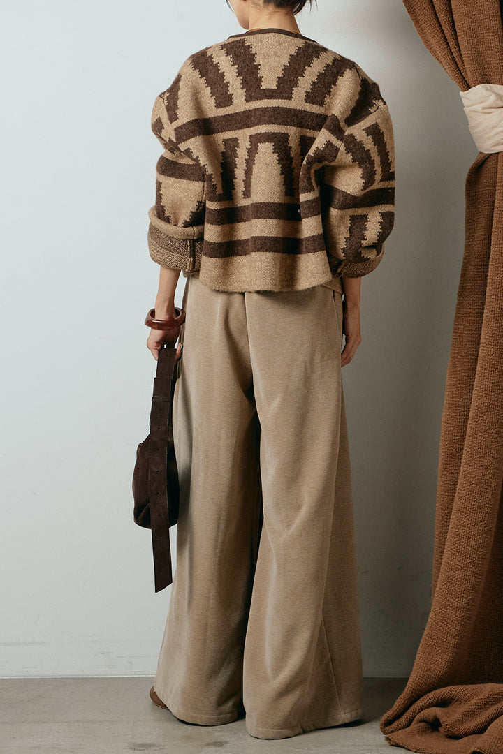 [SET]ノーカラー幾何学模様アウター+ベルトループコーデュロイワイドパンツ(2set)