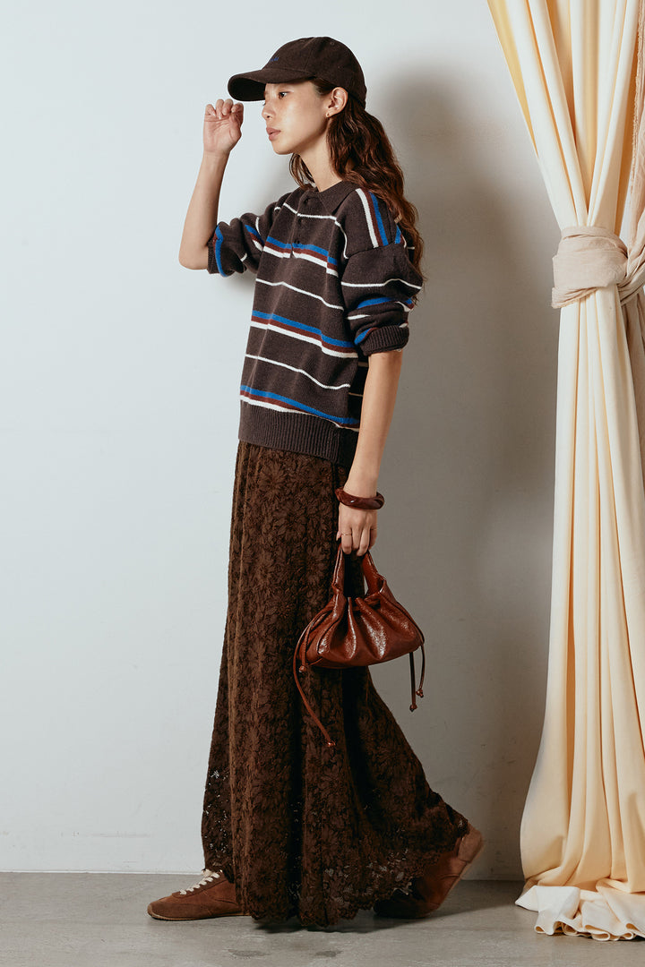 [SET]襟付きマルチボーダーニットポロトップス+花柄刺繍ベロアフレアスカート(2set)