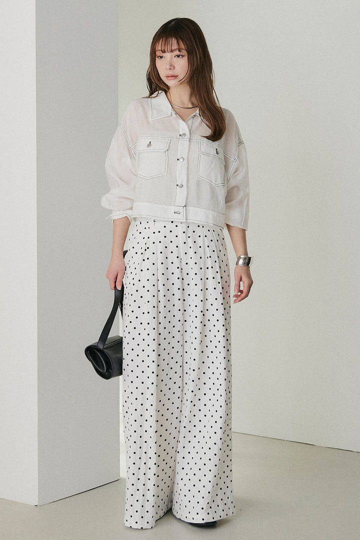 [SET]配色ステッチシアーシャツ+ベルト付きドット柄ワイドパンツ(2set)