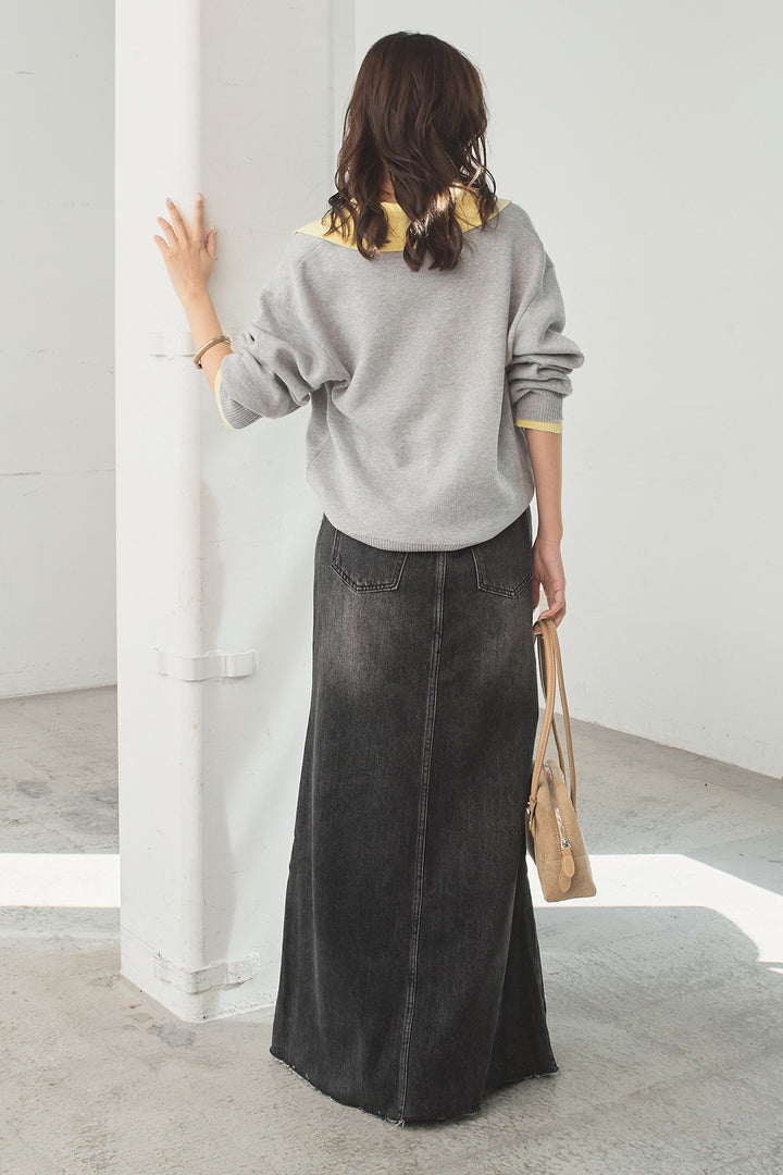 [SET]バイカラーニットレイヤード風プルオーバー+Aラインデニムスカート(2set)