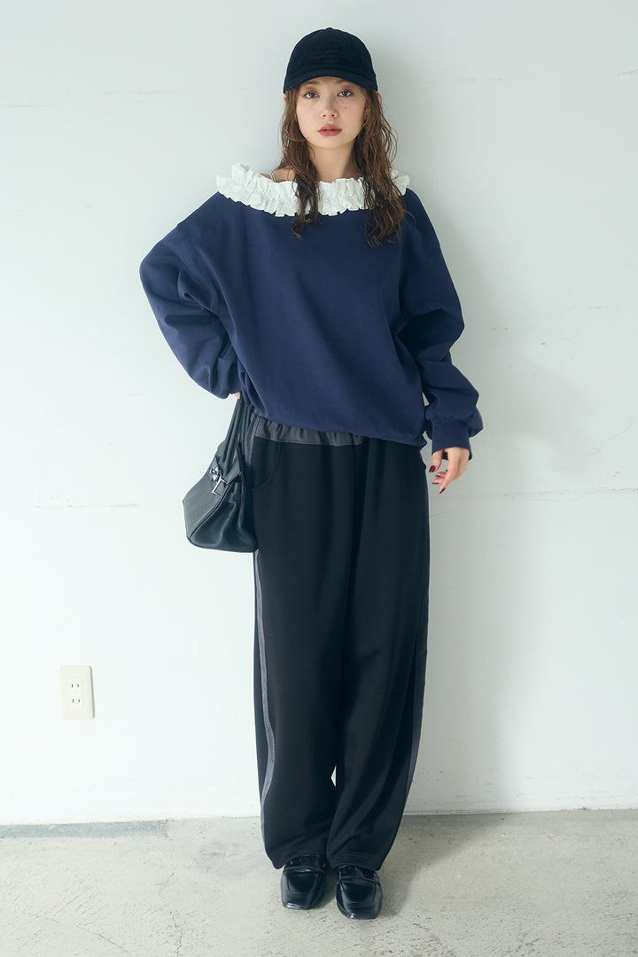 [SET]ネックギャザーフリルスウェット+異素材切り替えスウェットパンツ(2set)