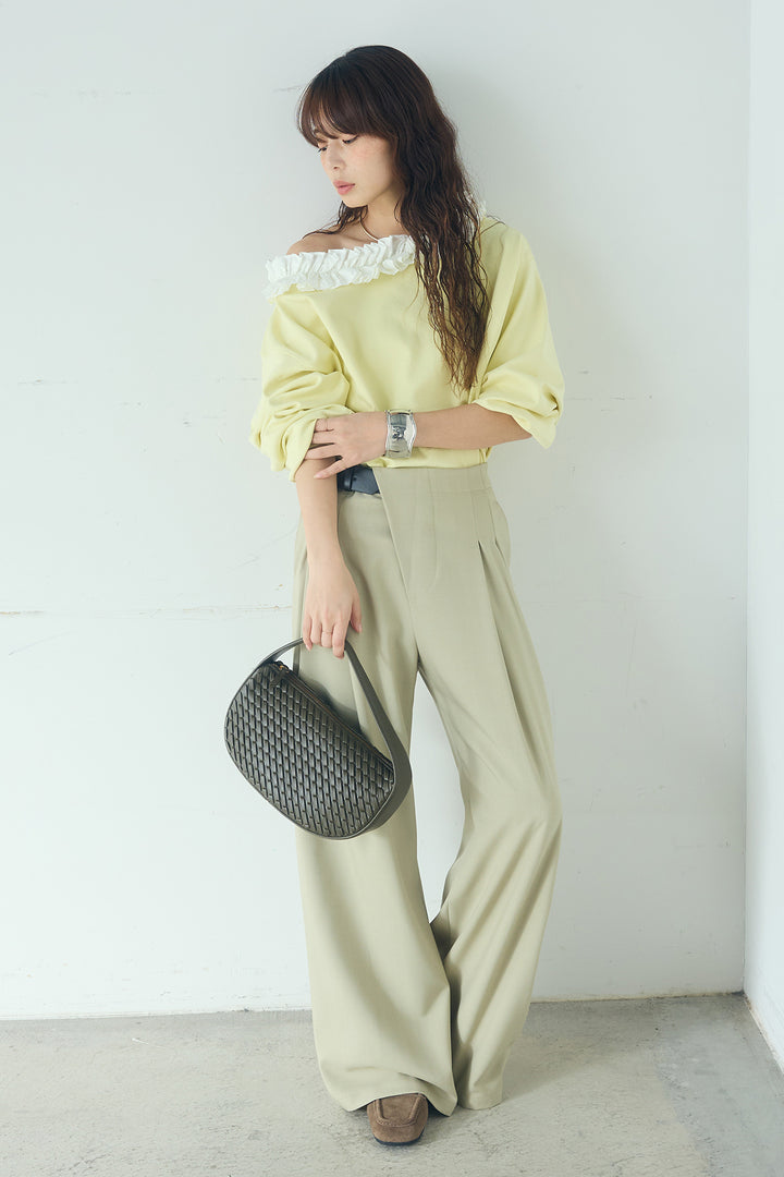 [SET]ネックギャザーフリルスウェット+サイドベルトタック入りスラックス(2set)